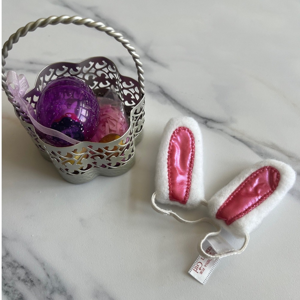 American Girl Doll Easter Basket Set Silver Metal Basket Bunny Ears Purple Egg